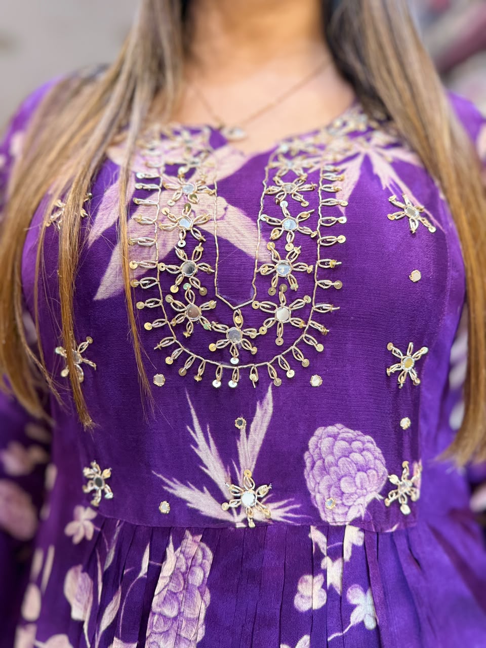 Pure Chinon Purple A - Line Anarkali 3pc Set