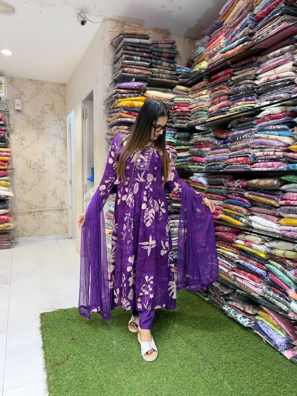 Pure Chinon Purple A - Line Anarkali 3pc Set