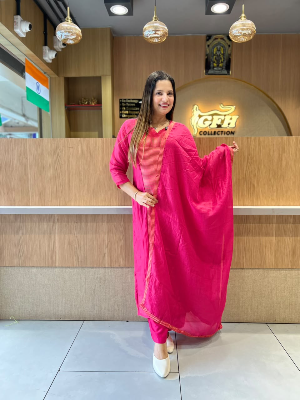Pure Banaras Mull Chanderi Rani pink 3pc Set