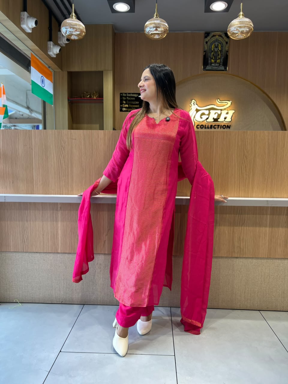 Pure Banaras Mull Chanderi Rani pink 3pc Set