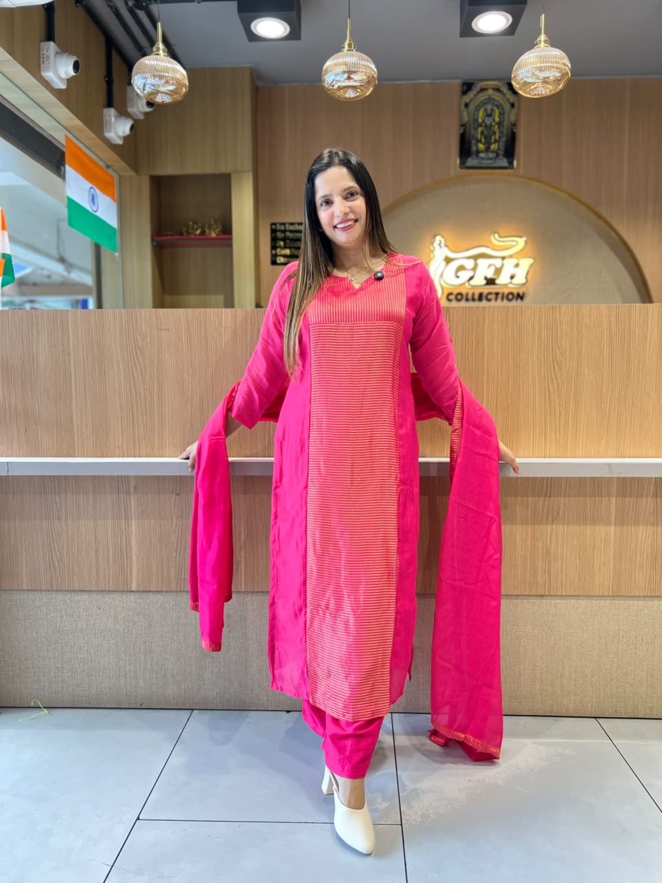 Pure Banaras Mull Chanderi Rani pink 3pc Set