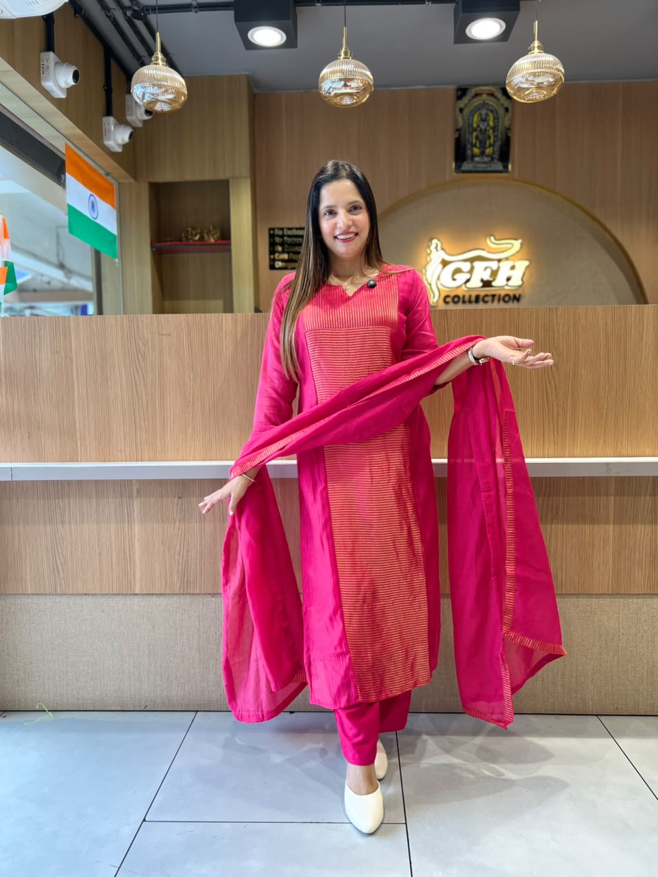 Pure Banaras Mull Chanderi Rani pink 3pc Set