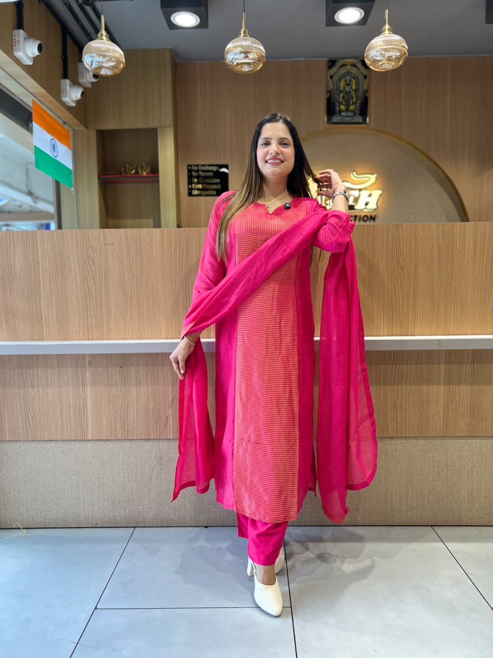 Pure Banaras Mull Chanderi Rani pink 3pc Set