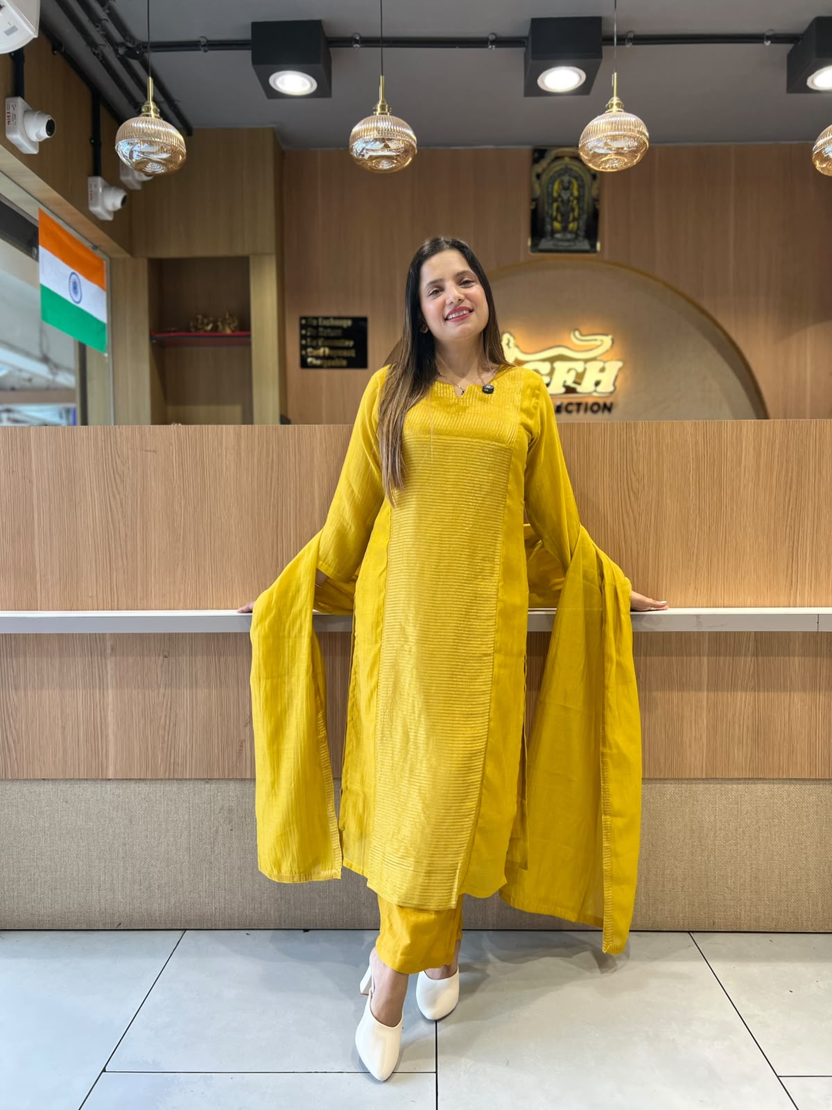 Pure Banaras Mull Chanderi Mustard yellow 3pc Set