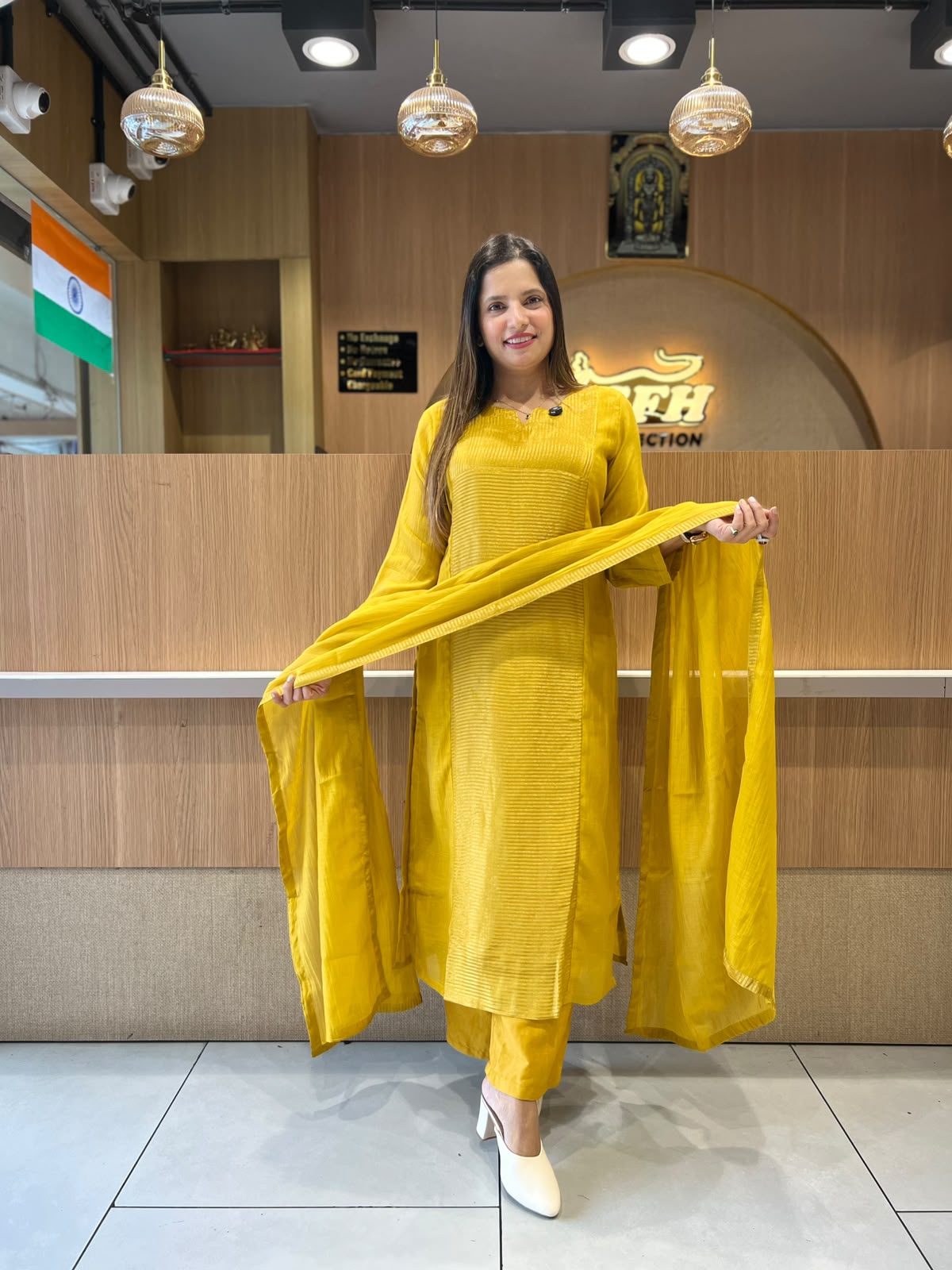 Pure Banaras Mull Chanderi Mustard yellow 3pc Set