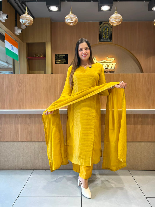 Pure Banaras Mull Chanderi Mustard yellow 3pc Set
