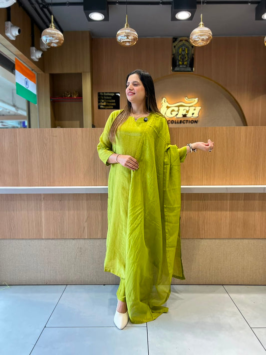 Pure Banaras Mull Chanderi Green 3pc Set