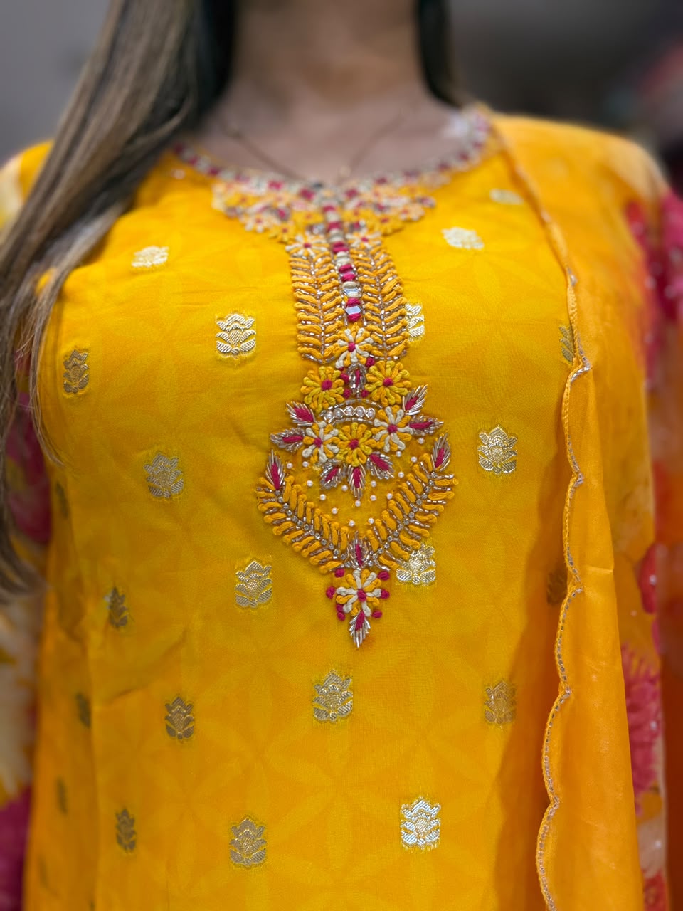Ganapati Special Pure Viscoce Oraganza Yellow 3pc Set