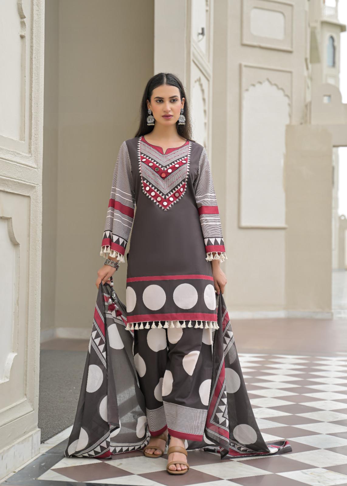Pure Cotton Farsi Salwar Charcoal Gray 3pc Set