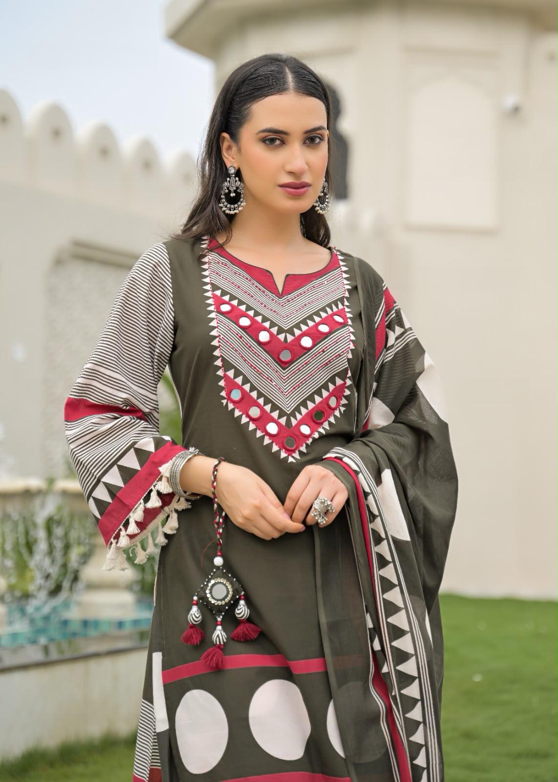 Pure Cotton Farsi Salwar Dark Mahendi Green 3pc Set
