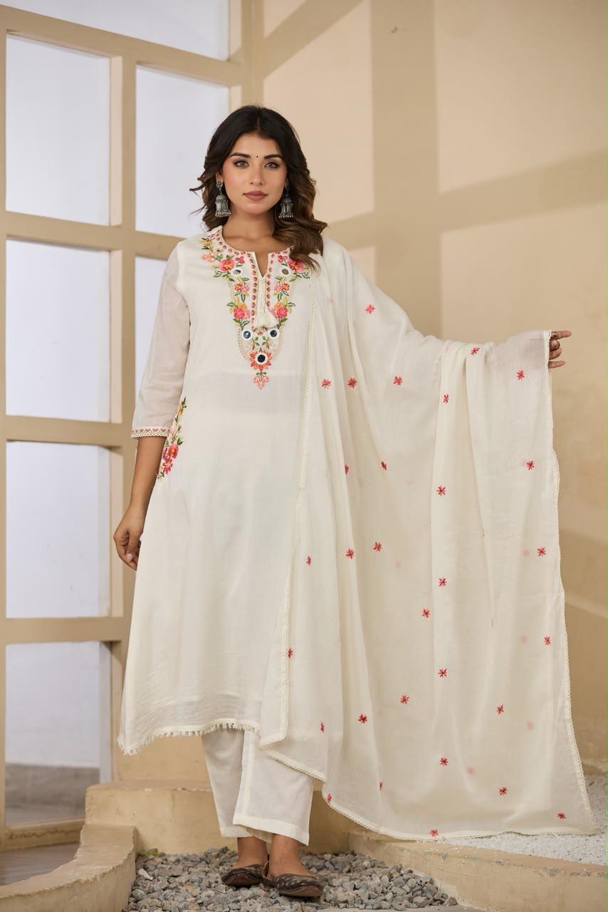 Pure Mull Cotton Anarkali Ivory 3pc Set