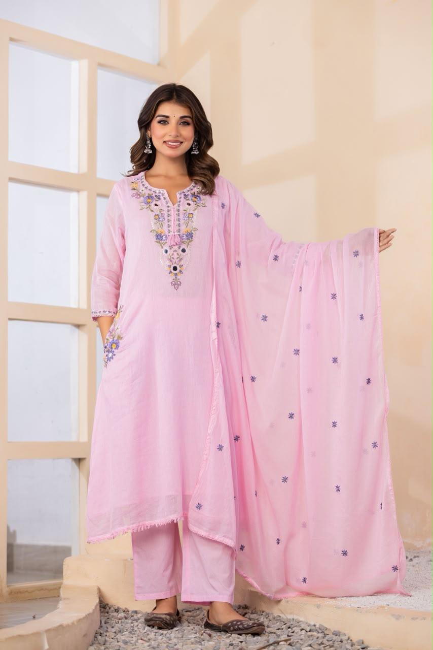 Pure Mull Cotton Anarkali Baby Pink 3pc Set