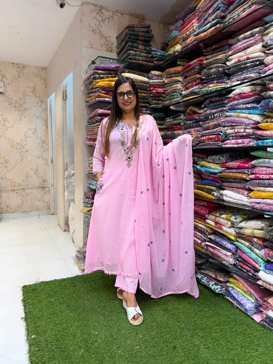 Pure Mull Cotton Anarkali Baby Pink 3pc Set