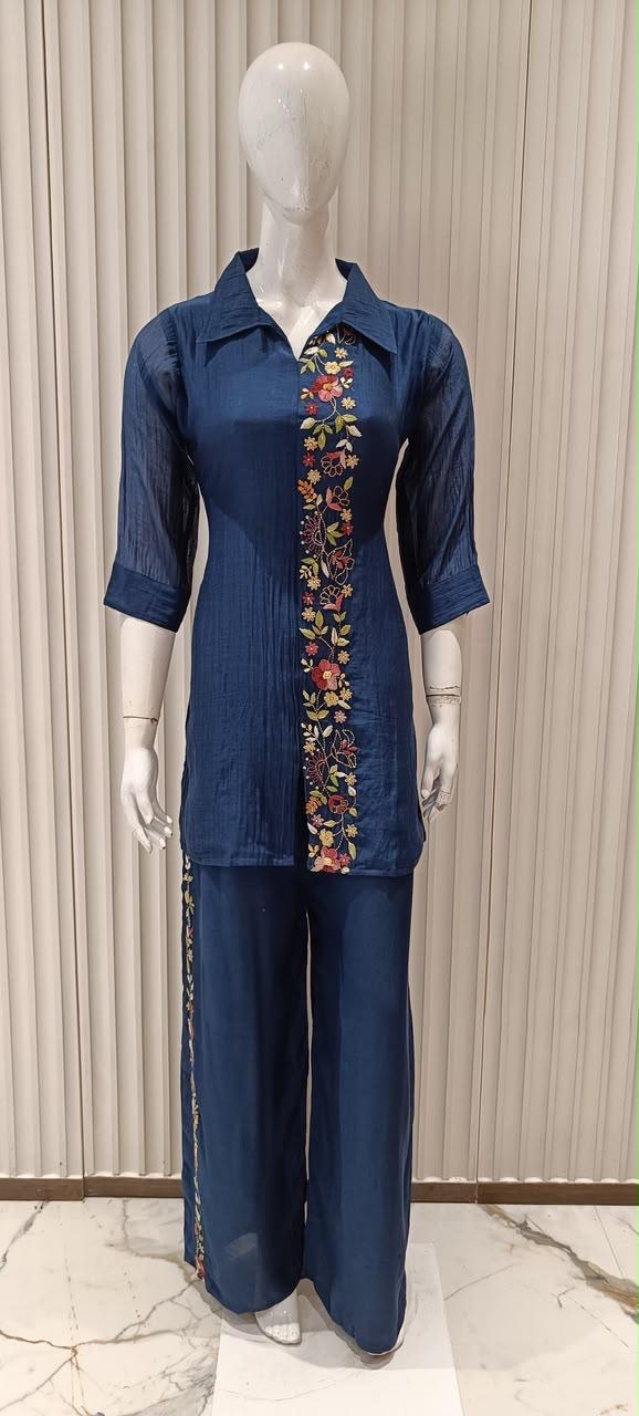 Pure Banaras Mull Chanderi Blue 2pc Set