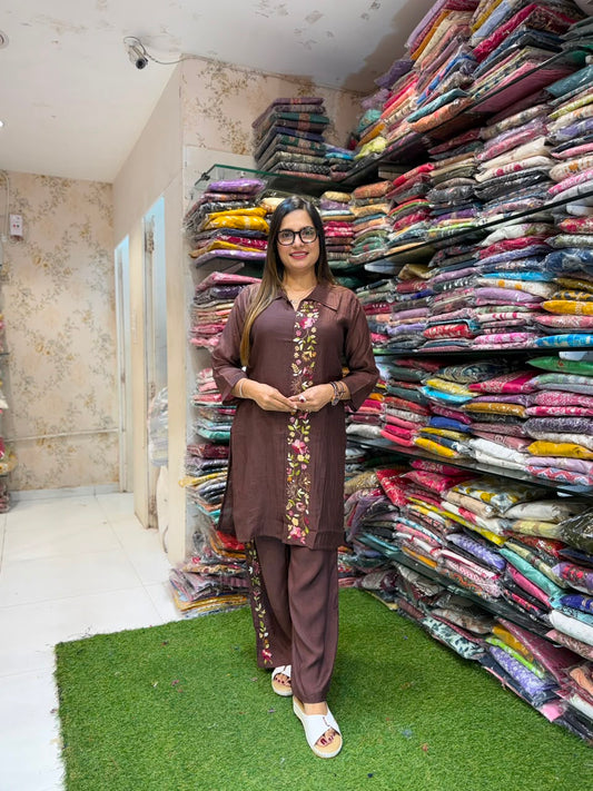 Pure Banaras Mull Chanderi Brown 2pc Set