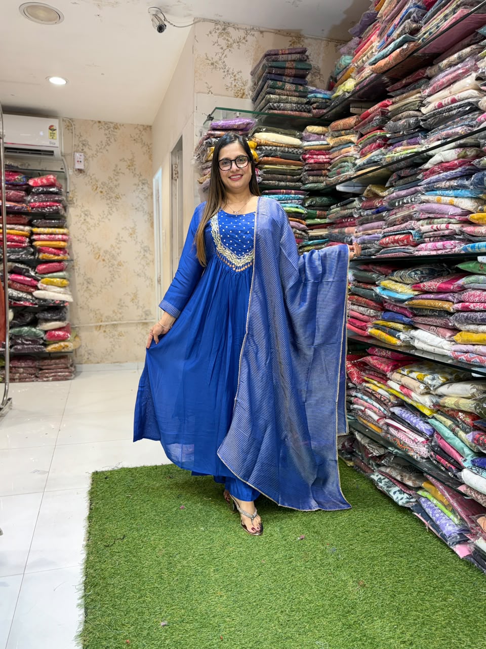 Pure Banaras Mull Chanderi  Royal Blue 3pc Set