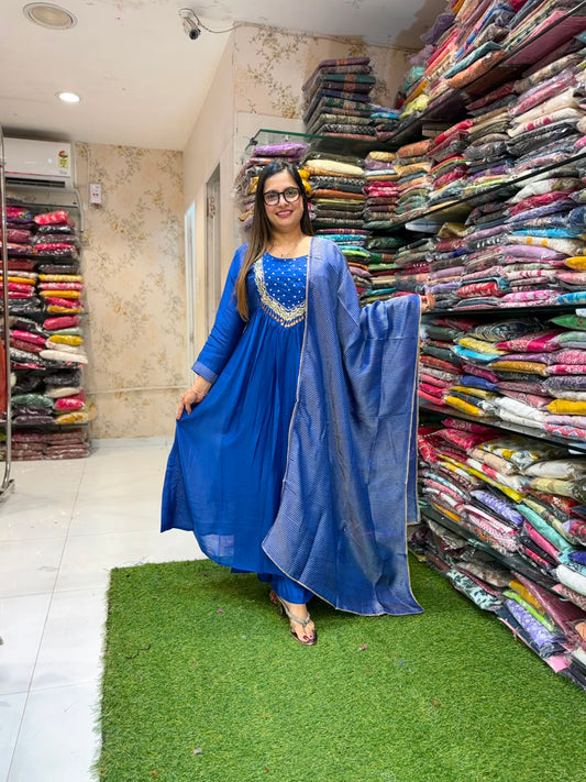 Pure Banaras Mull Chanderi  Royal Blue 3pc Set