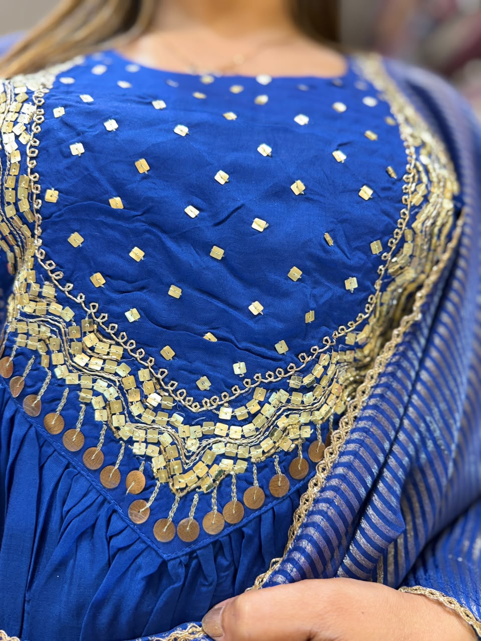 Pure Banaras Mull Chanderi  Royal Blue 3pc Set