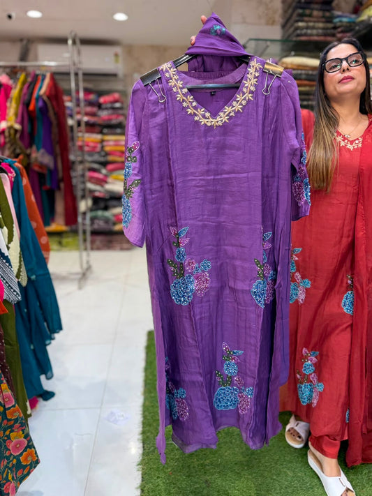 Pure Banaras Mull Chanderi Purple 3pc Set