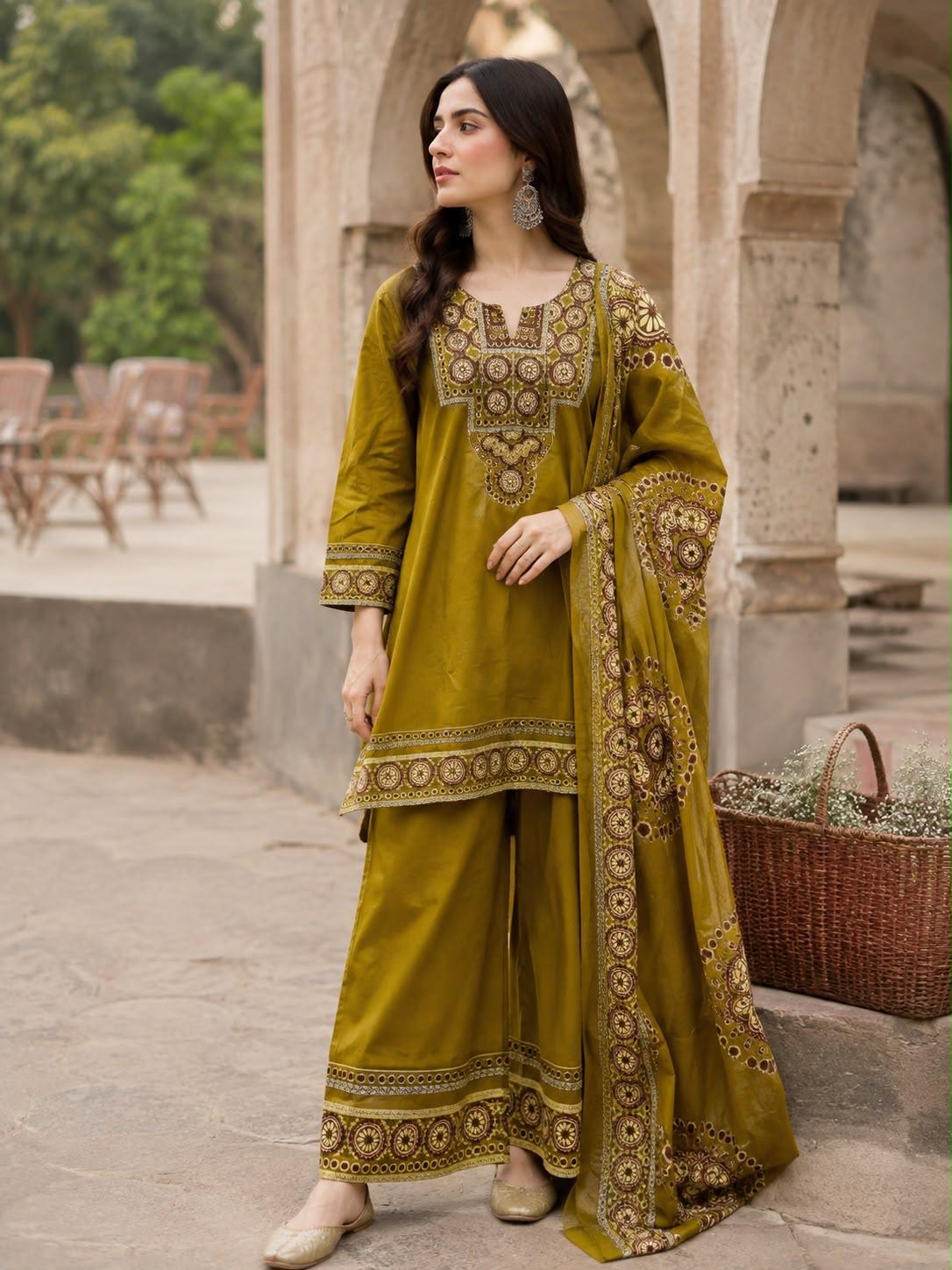 Pure Cotton Mahendi Green 3pc Set