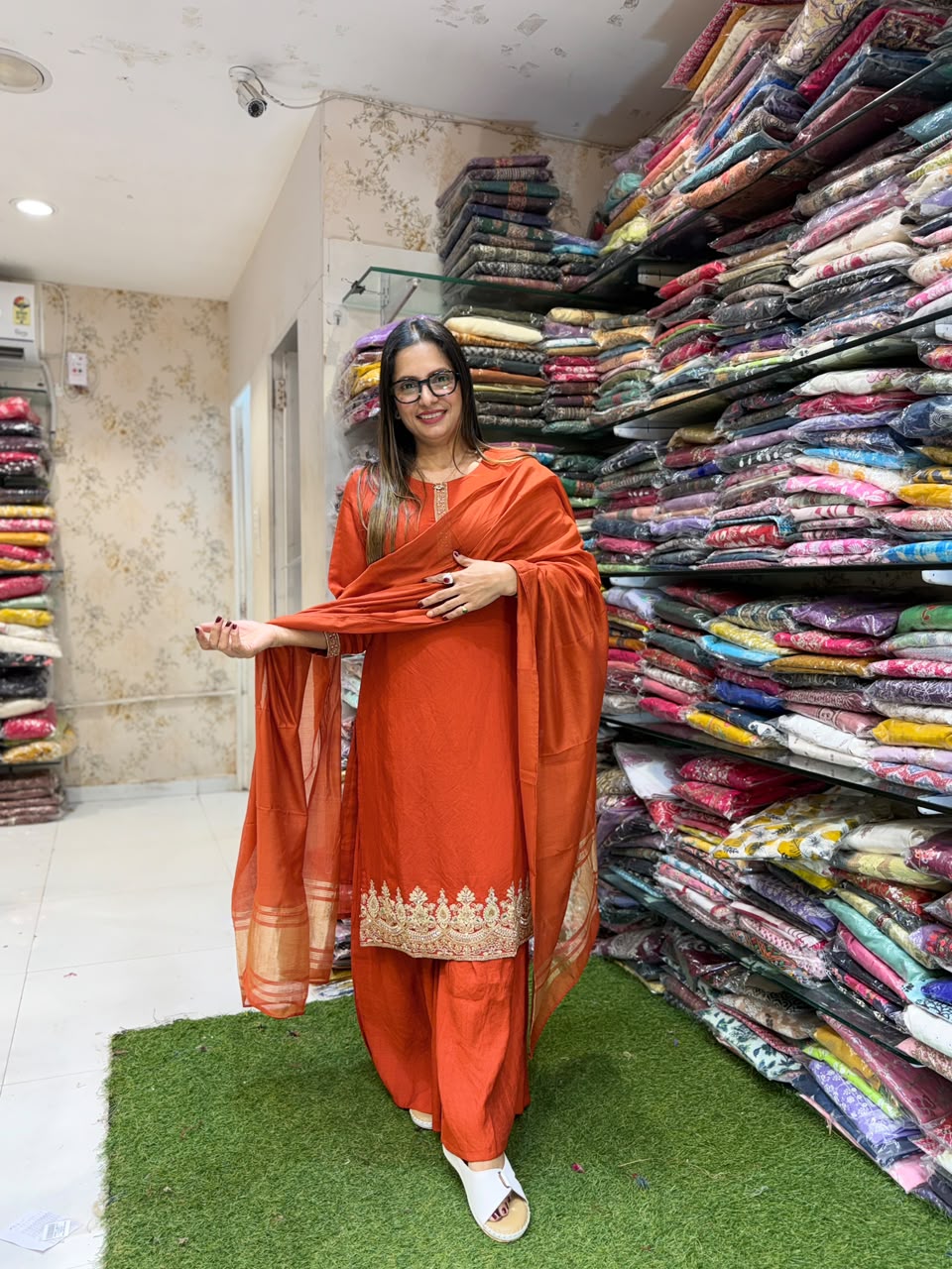 Pure Surat Mull Chanderi Orange 3pc Set