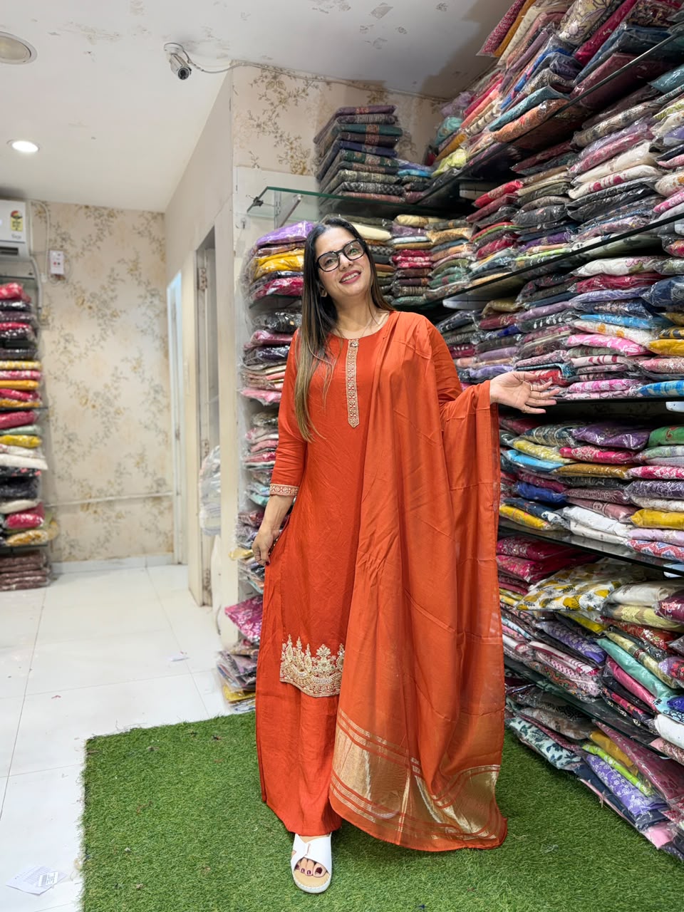 Pure Surat Mull Chanderi Orange 3pc Set