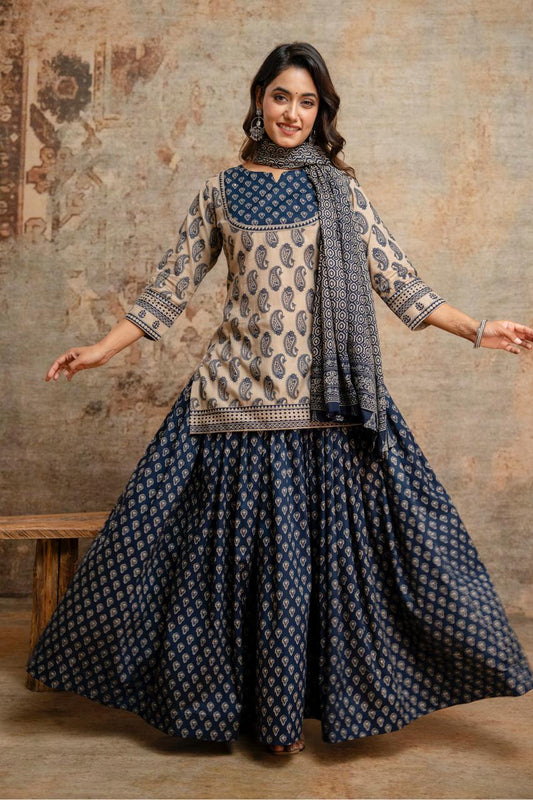 Pure Cotton Beige And Blue 3pc Set