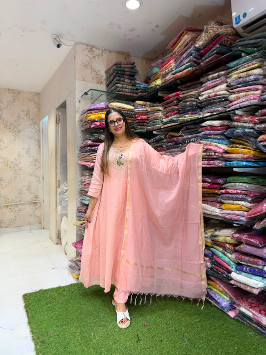 Pure Banaras Mull Chanderi Pastle Pink 3pc Set