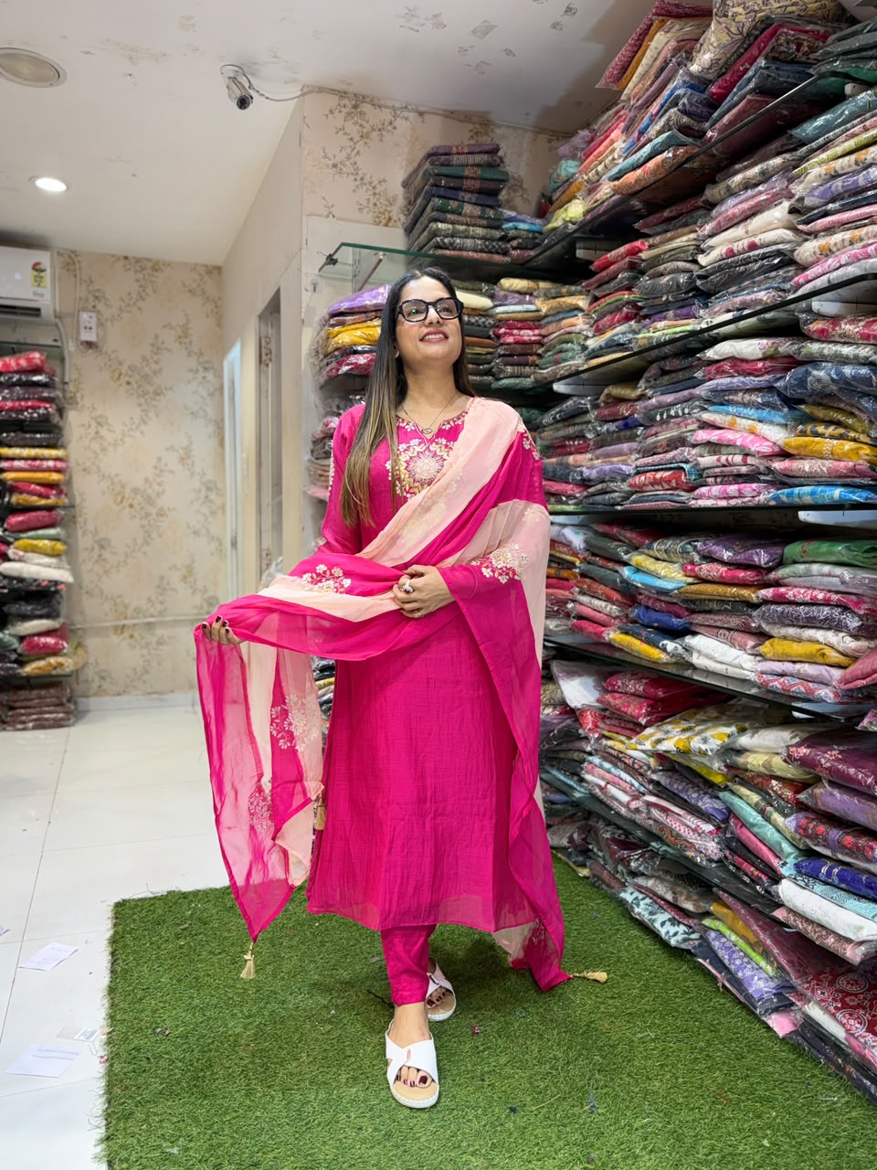 Pure Banaras Mull Chanderi Rani Pink 3pc Set