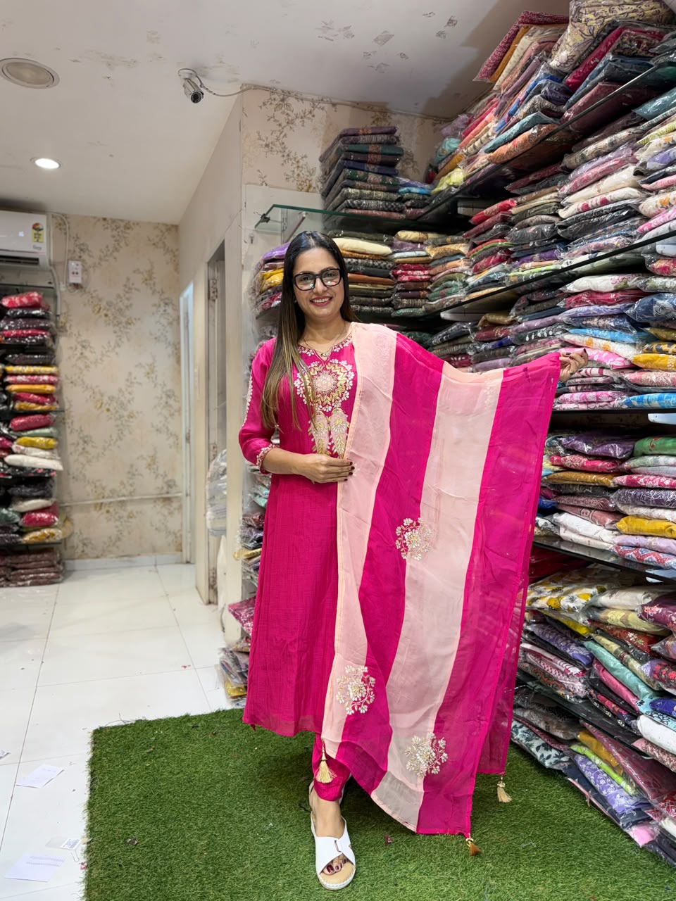 Pure Banaras Mull Chanderi Rani Pink 3pc Set