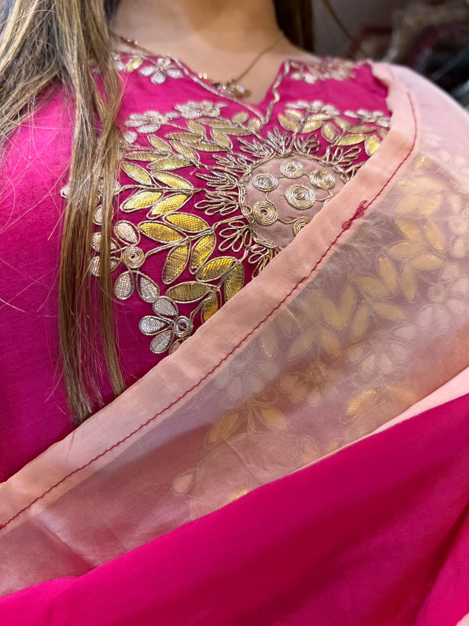 Pure Banaras Mull Chanderi Rani Pink 3pc Set