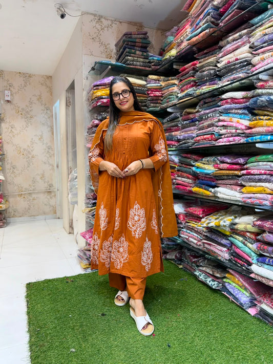 Pure Daabu Cotton Rust Orange 3pc Set