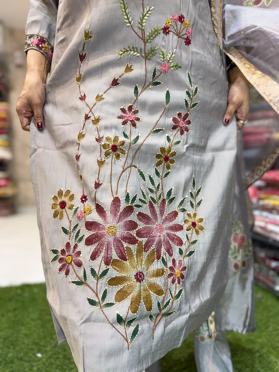 Pure Surat Mull Chanderi Gray 3pc Set