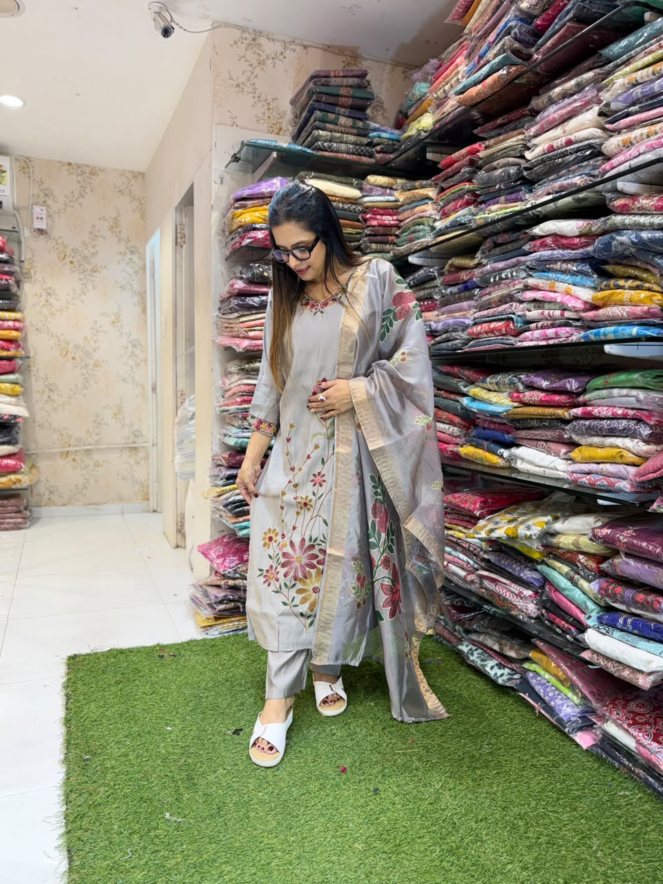 Pure Surat Mull Chanderi Gray 3pc Set