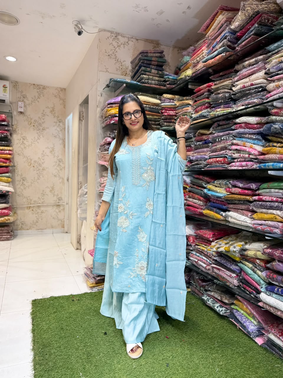 Pure Malai Silk Sky Blue 3pc Set