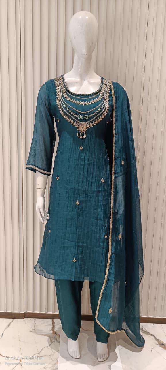 Pure Banaras Mull Chanderi Bottole Green 3pc Set