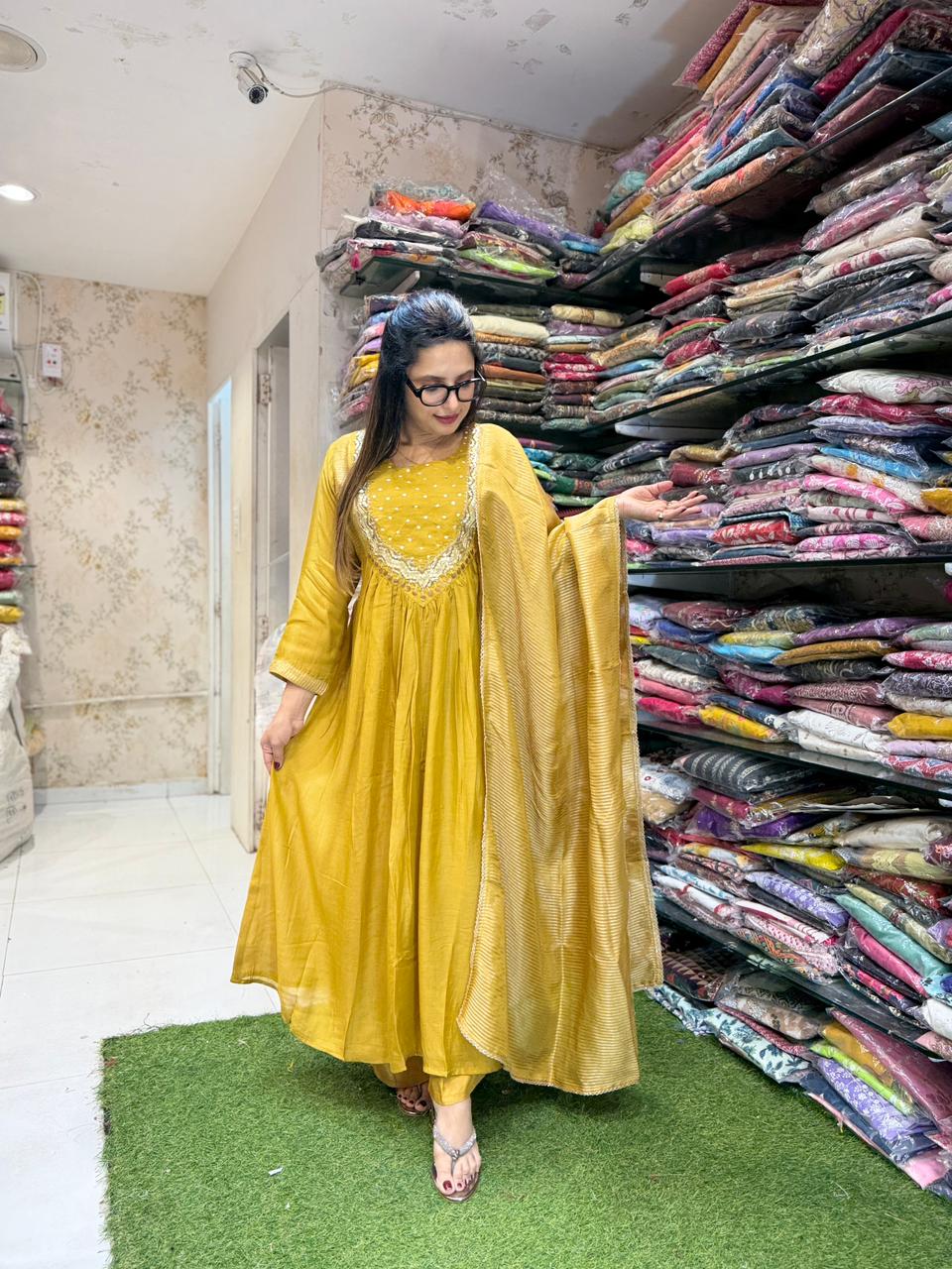 Pure Banaras Mull Chanderi Mustard Yellow Anarkali 3pc Set
