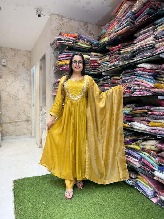 Pure Banaras Mull Chanderi Mustard Yellow Anarkali 3pc Set