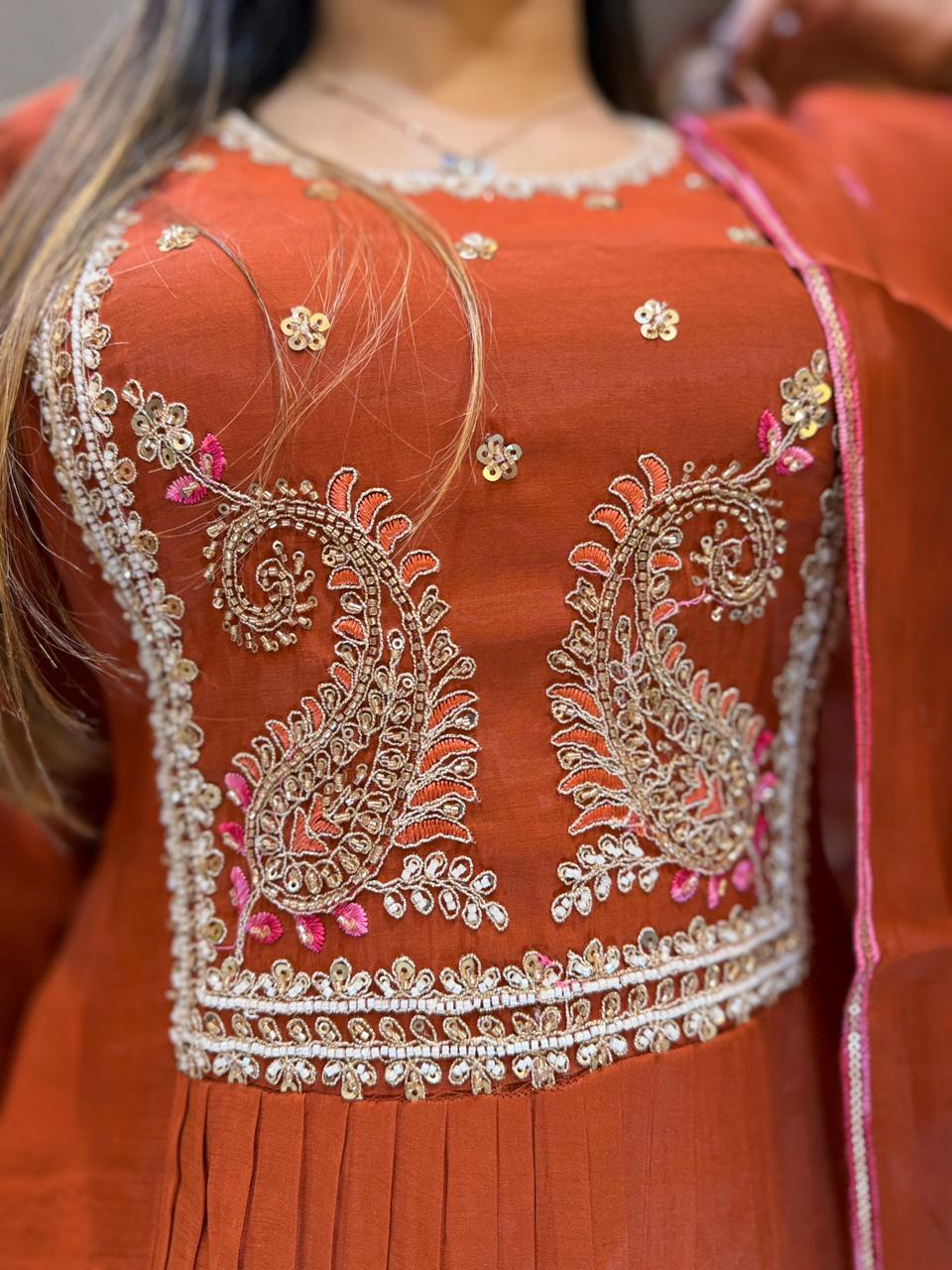 Pure Surat Mull Chanderi Rust Orange 3pc Set