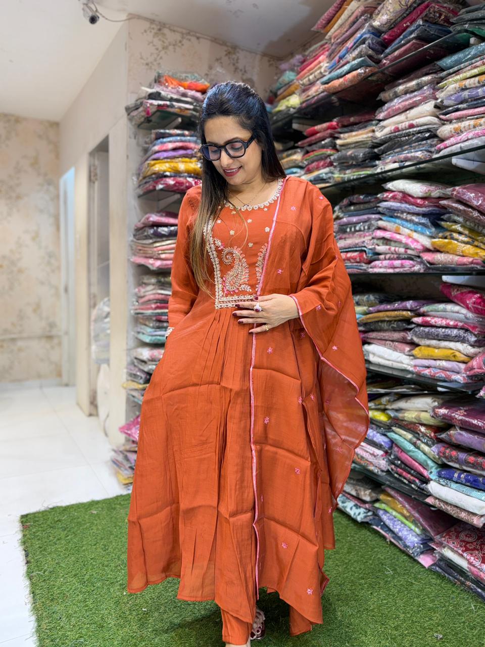 Pure Surat Mull Chanderi Rust Orange 3pc Set
