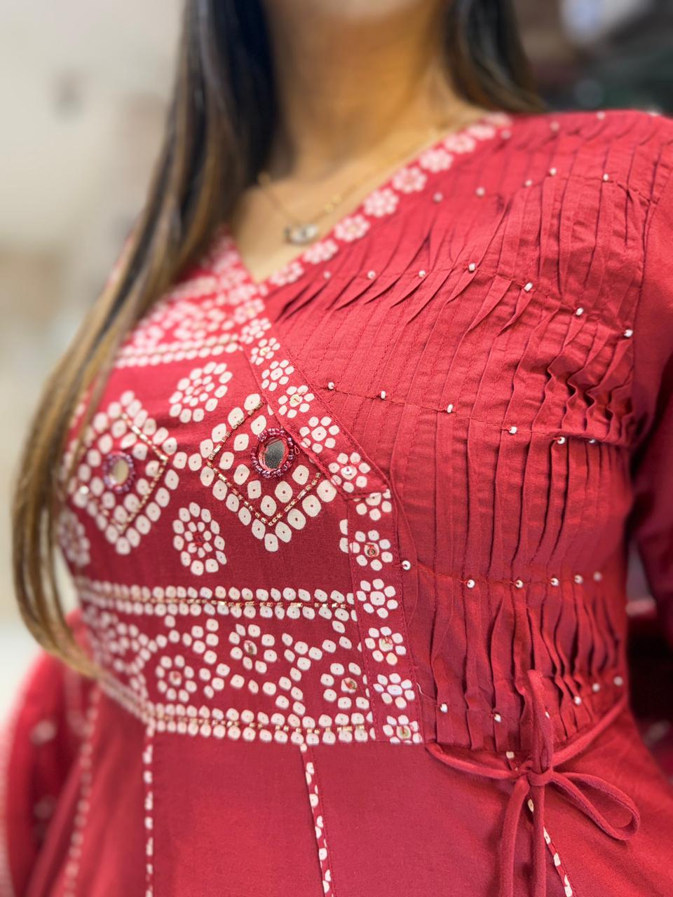 Pure Cotton Red Anarkali 3pc Set