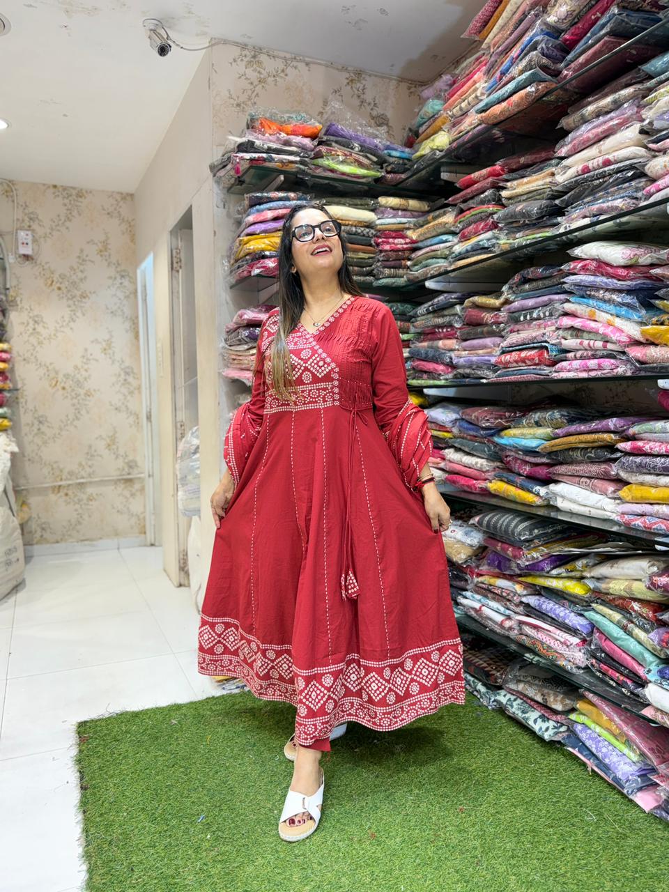 Pure Cotton Red Anarkali 3pc Set