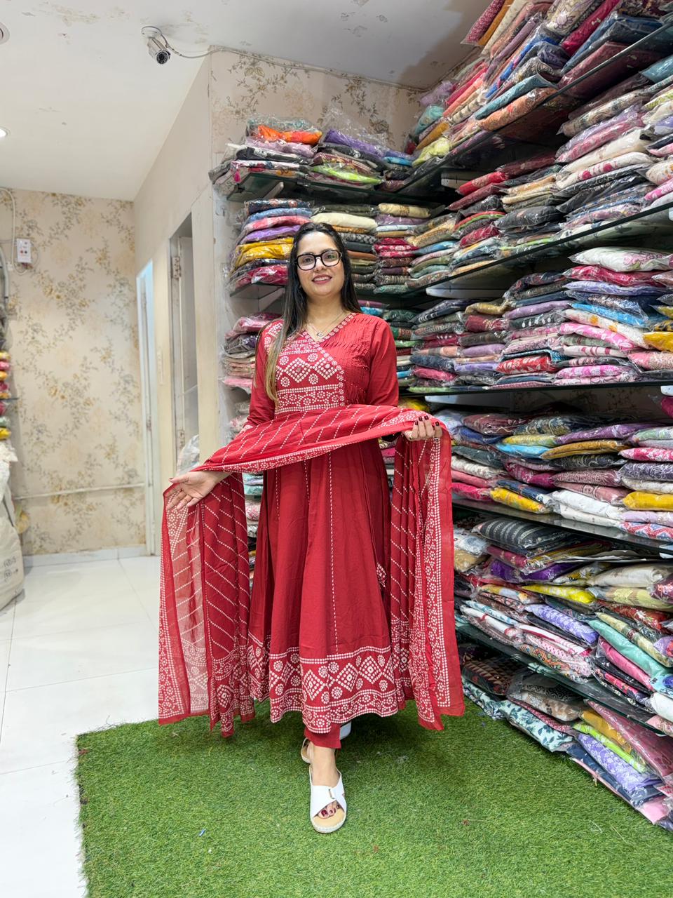 Pure Cotton Red Anarkali 3pc Set