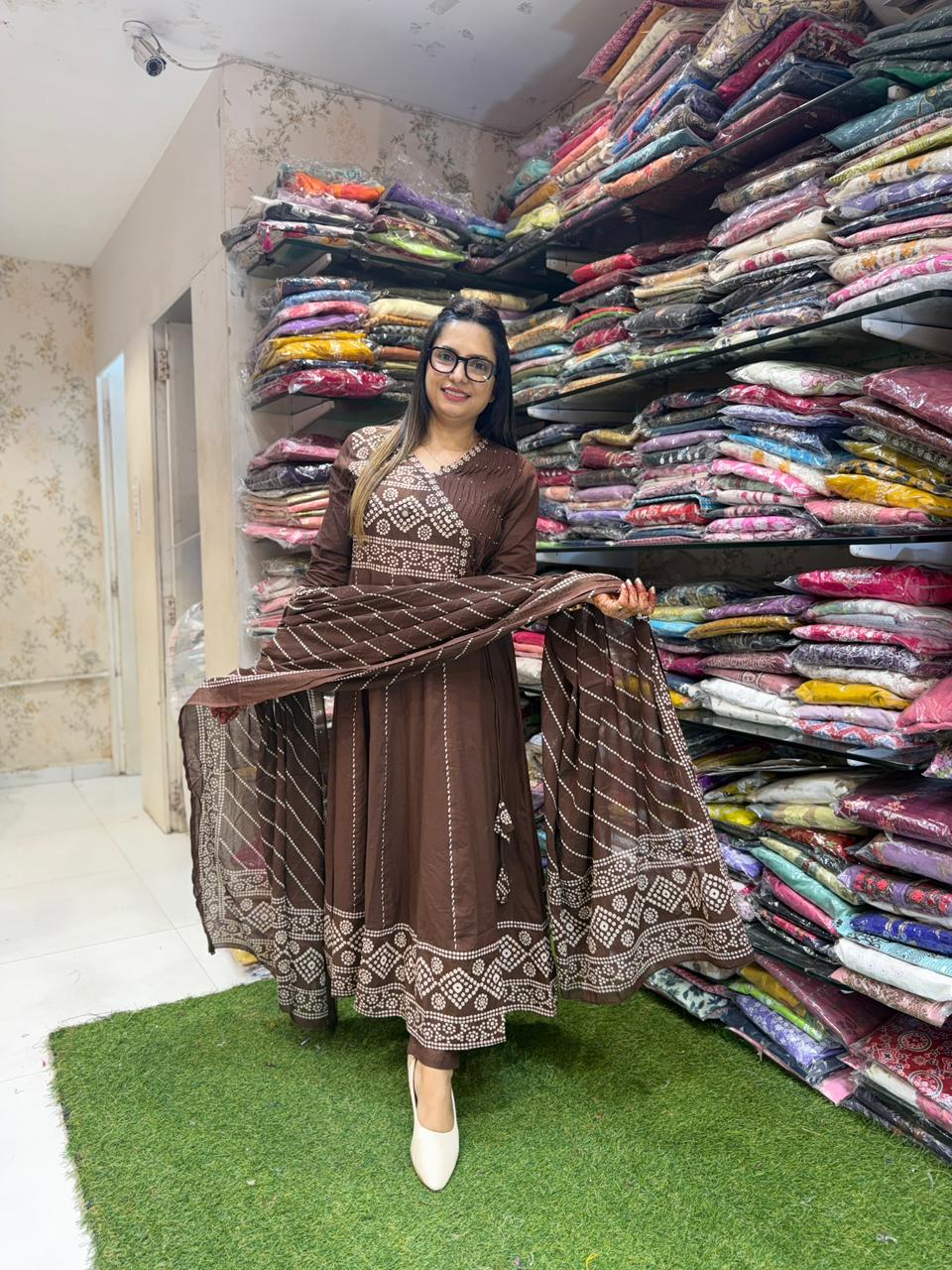 Pure Cotton Brown Anarkali 3pc Set