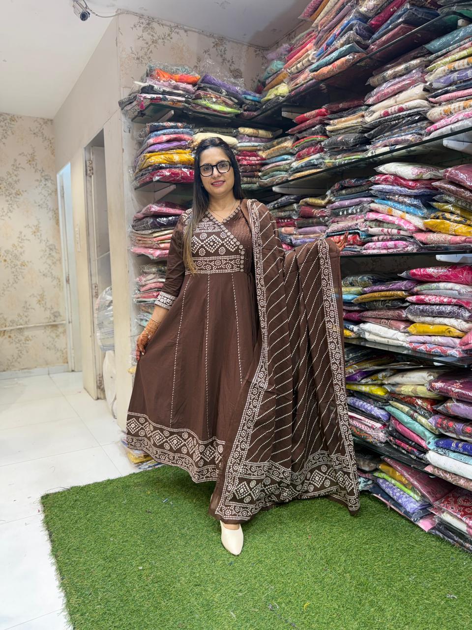 Pure Cotton Brown Anarkali 3pc Set
