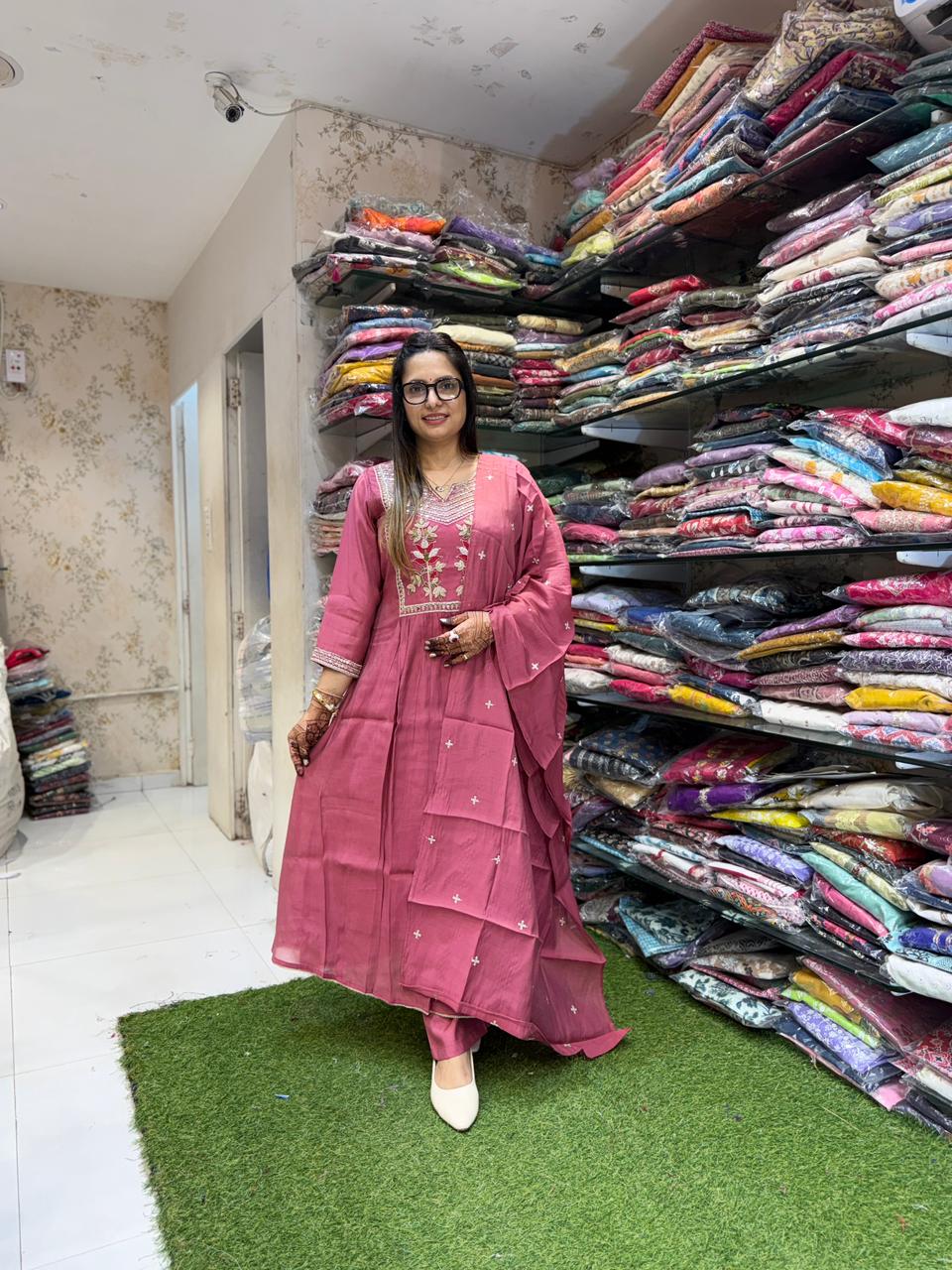 Pure Surat Mull Chanderi Onion Pink 3pc Set