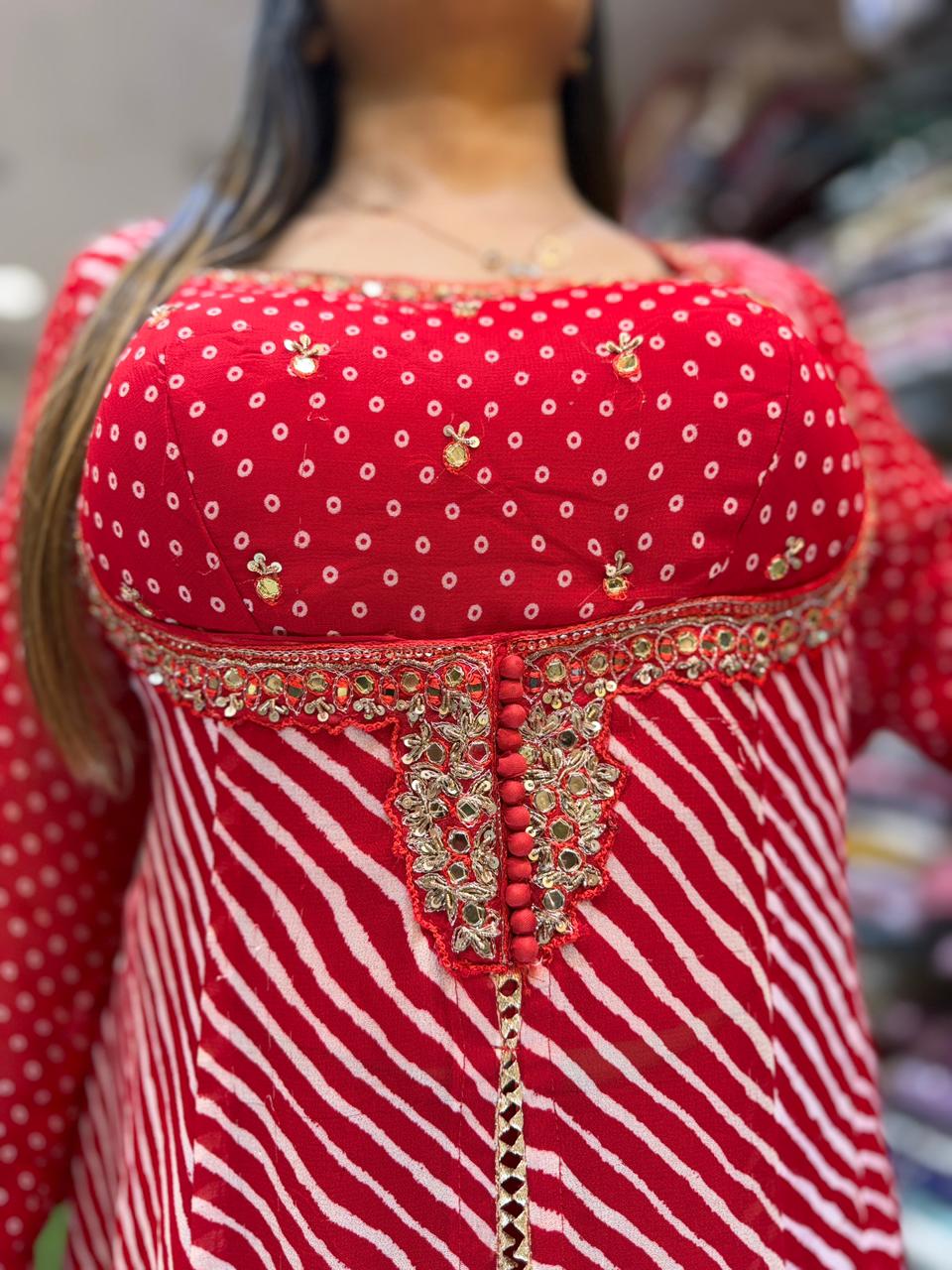 Pure Georgette Red Anarkali 3pc Set