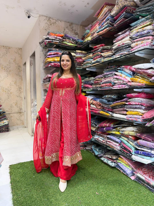 Pure Georgette Red Anarkali 3pc Set