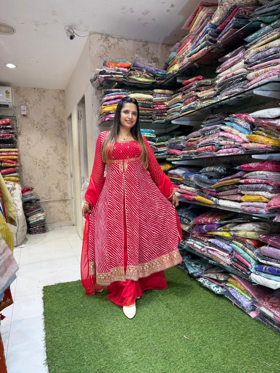 Pure Georgette Red Anarkali 3pc Set