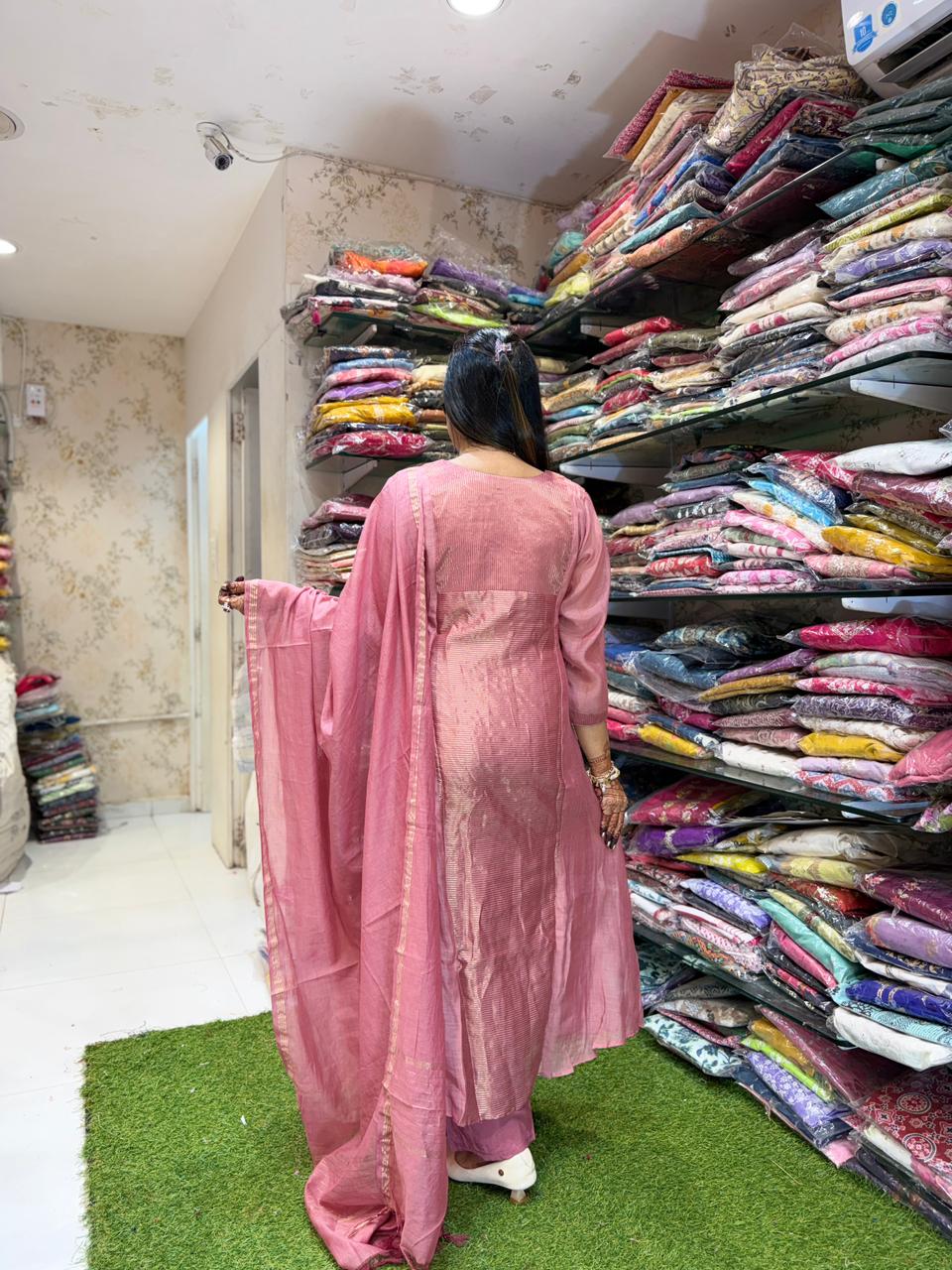 Pure Banaras Mull Chanderi Blush Pink 3pc Set